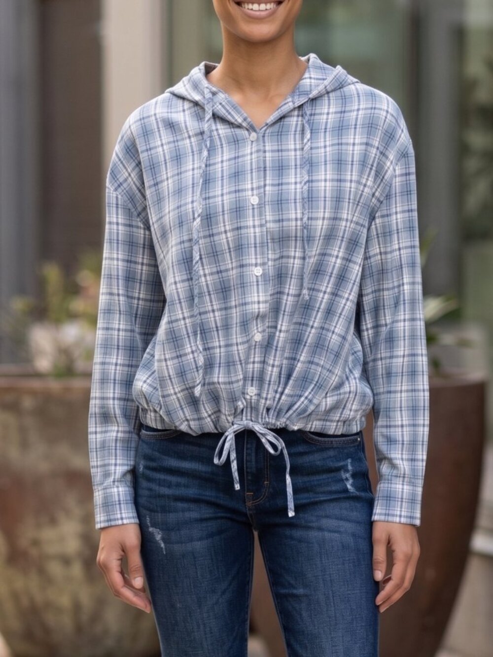NWT | OLRAIN Blue Plaid Hooded Button Up Top Adjustable Tie Hem Hood | Large